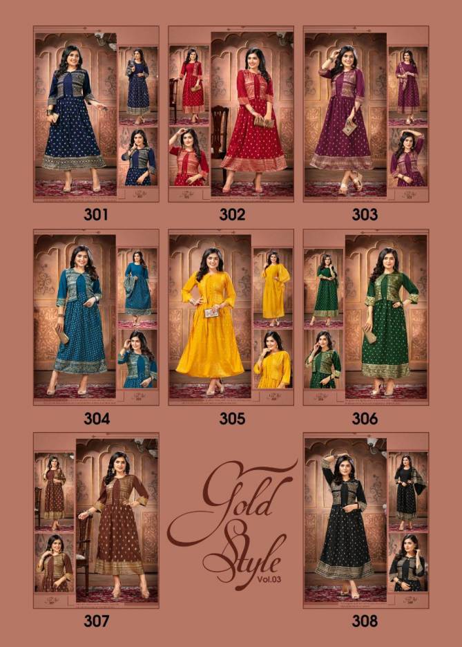 Ft Gold Style 3 Latest fancy Designer Casual Wear Gold Printed Long Kurtis Collection
